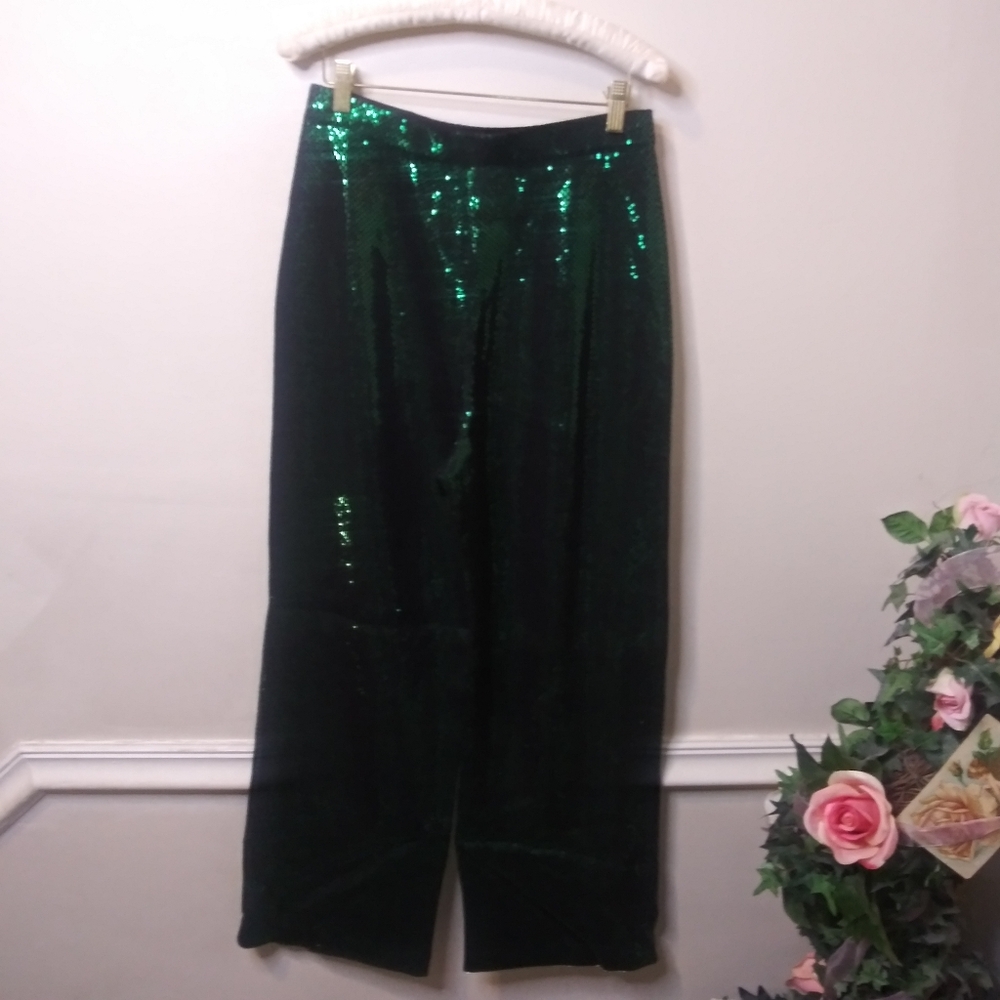 Vintage St. John Couture Sparkly Green High Waisted Wide Leg Knit Pants - Picture 6 of 6